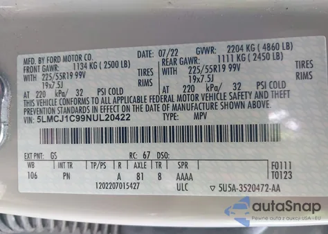 2022 Lincoln Corsair z USA, uszkodzony, nr VIN 5LMCJ1C99NUL20422